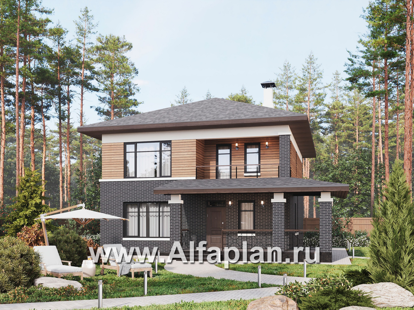 Проекты домов Альфаплан - "Отрадное" - дизайн дома в стиле Райта, с террасой на главном фасаде - основное изображение